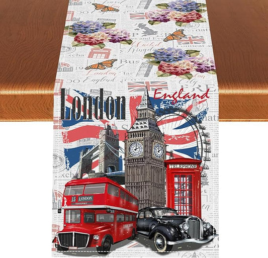 British Table Runner, Seasonal Vintage Floral England London Culture Element Coffee Table Center Decor for Home Kitchen Dining Patio Holiday Party Table Decorations 13x36 inches