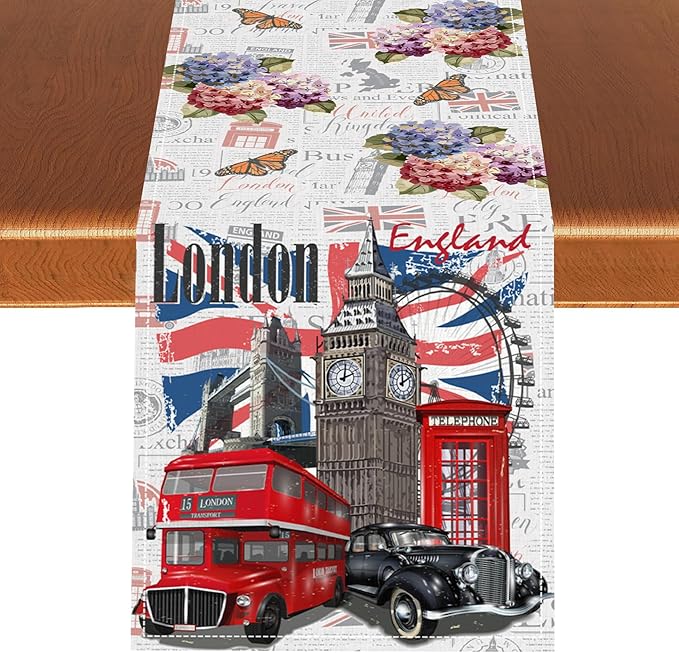 British Table Runner, Seasonal Vintage Floral England London Culture Element Coffee Table Center Decor for Home Kitchen Dining Patio Holiday Party Table Decorations 13x108 inches
