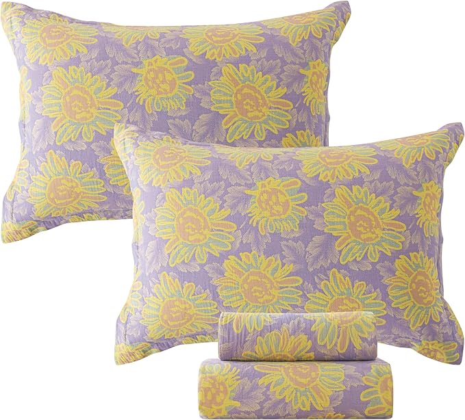 FADFAY Sunflower Sheets Set Queen Vintage Yellow Purple Floral Bedding Shabby Farmhouse Bedding Super Soft Washed Double -Layer Muslin Sheets 100% Cotton Deep Pocket Fitted Sheet 4Pcs, Queen Size