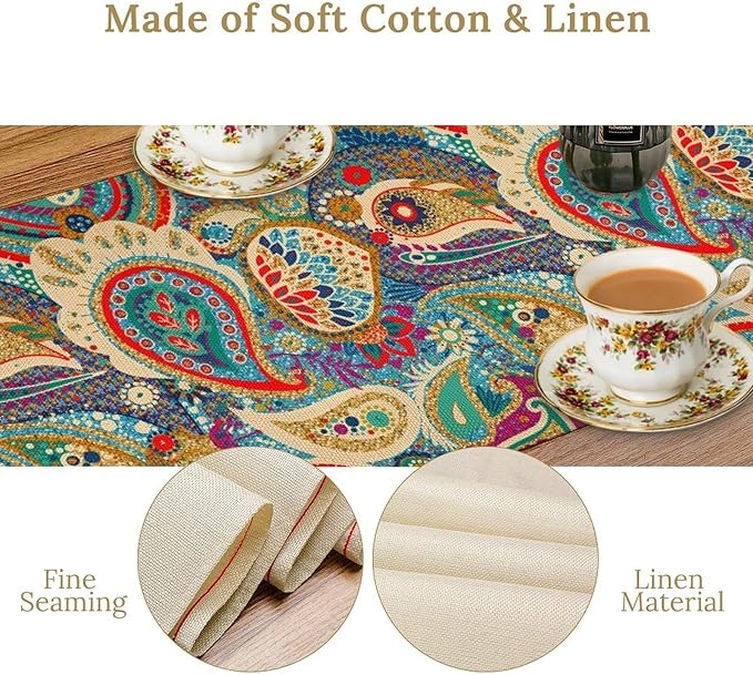 Boho Paisley Table Runner, Colorful Indian Mandala Floral Golden Aeccent Bohemian Style Table Runnner for Kitchen Dining Holiday Party Decoration, 13x108 Inch