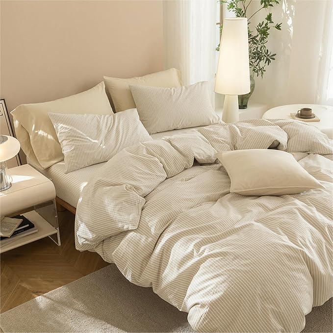 JIYUAN 100% Washed Cotton Striped Duvet Cover Set 3 Pieces King, 1 Duvet Cover and 2 Pillowcases(Comforter Not Included),Linen Like Bedding Set Comfy and Breathable,Pinstripes-Heathered Beige White
