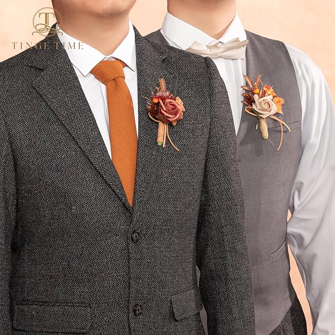 TINGE TIME Boutonniere for Men, Groom and Best Man Boutonniere for Wedding Ceremony Anniversary, Formal Dinner Party and Rustic Fall Wedding Marriage (Maple Red)