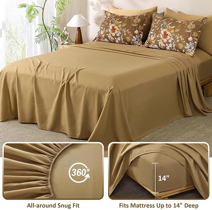 Dobuyly Fall Queen Comforter Set, 7 Pieces Brown Floral Comforter Set, Bed in a Bag Queen with Botanical Flowers Pattern, Farmhouse Queen Size Bedding Set with Sheets, Pillowcases & Shams