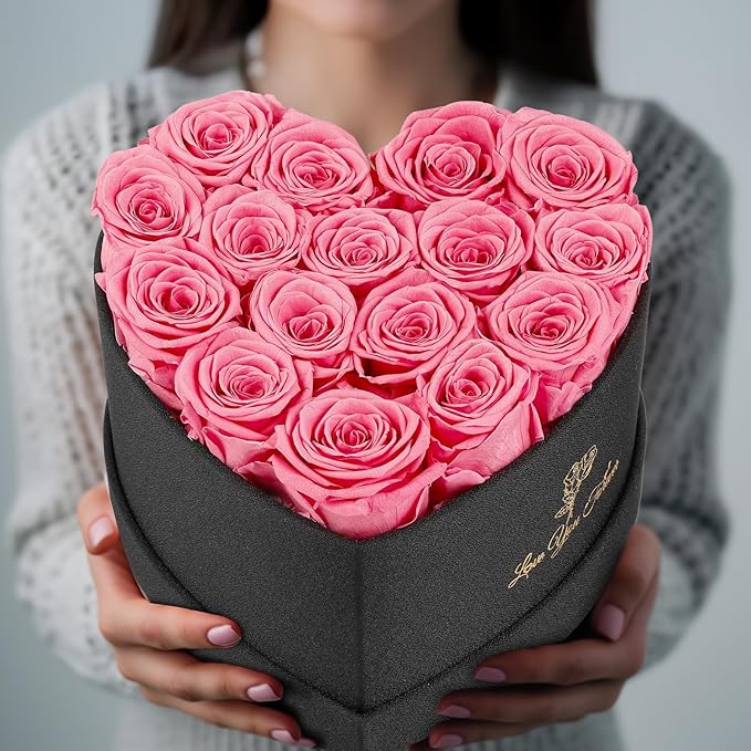 Forever Flowers, 16 Fresh Preserved Rose in Heart Shape Box, Eternal Rose for Her Birthday Pink