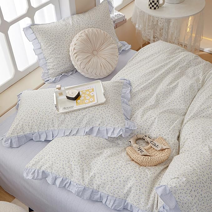 Blue Floral Ruffle Duvet Cover Twin XL White Soft Cotton Lace Duvet Cover Girls Botanical Flower Comforter Cover Romantic Princess Bedding Set Vintage Floral Lace Comforter Cover with Zipper Closure