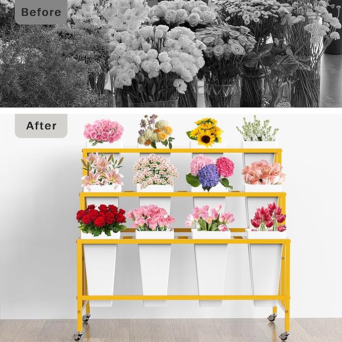 Flower Display Stand with 12 Buckets, Flower Cart 3 Layers Gold Metal Flower Bar Stand with Wheels, Moving Florist Bouquet Shelf for Weddings Florist Indoor Outdoor Patio Garden Living Room