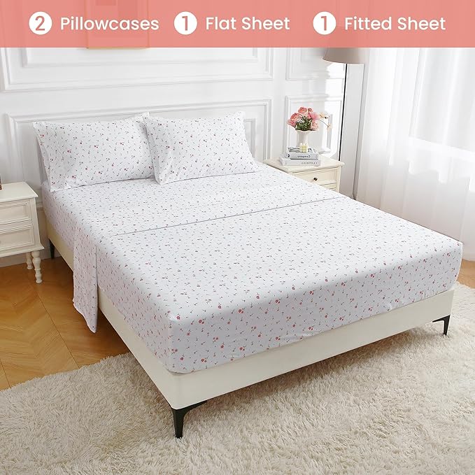 Softan Pink Floral Full Sheet Set Flower Printed Bed Sheets Double - 4 Piece Microfiber Patterned Fitted Bed Sheets with 15" Deep Pocket & Straps, Cozy Cute Pink Sheets and Pillowcase Set