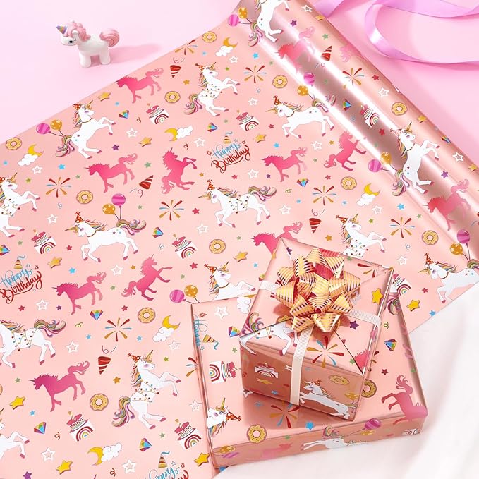 WERNNSAI Unicorn Gift Wrapping Paper Roll - 1 Roll 17” x 33 ft Baby Girl Pink Wrapping Paper for Kids Unicorn Birthday Party Decor Supply, Reversible Metallic Foil Dots Design Dream Princess Style
