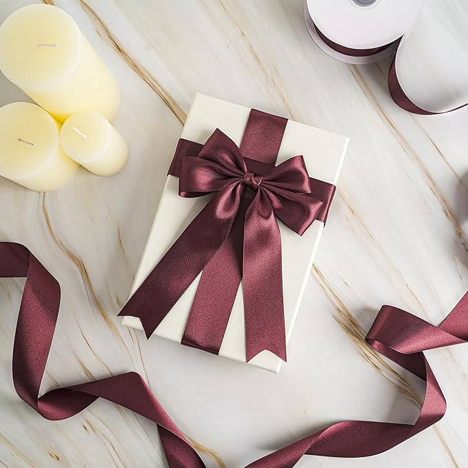 MEEDEE Burgundy Satin Ribbon - 1-1/2 inch Wide, Double Faced, 50 Yards for Christmas Tree, Crafts, Weddings, Flower Bouquets