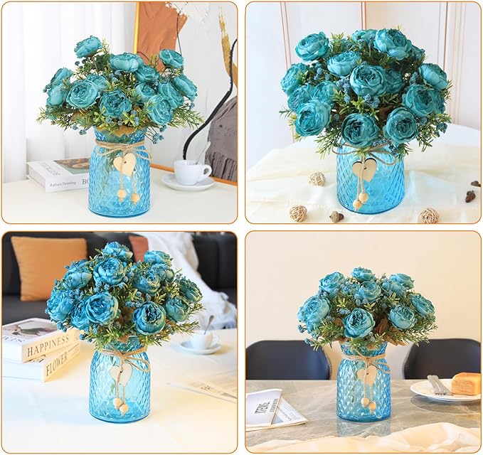 Fake Flowers in Vase,Fake Flowers with Vase,21 Pcs Faux Peony Flowers,Artificial Flowers for Home Decor, Indoor Centerpiece for Living Room & Dining Table (Blue)