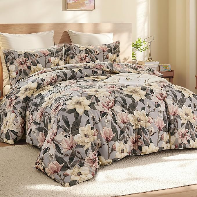 Bedding_Dreamer Floral Comforter Set Queen, 100% Cotton, Elegant Flowers Botanical Bedding Set Colorful Watercolor Cute Flower and Leaves Shabby Chic Cottage, 4 Pcs