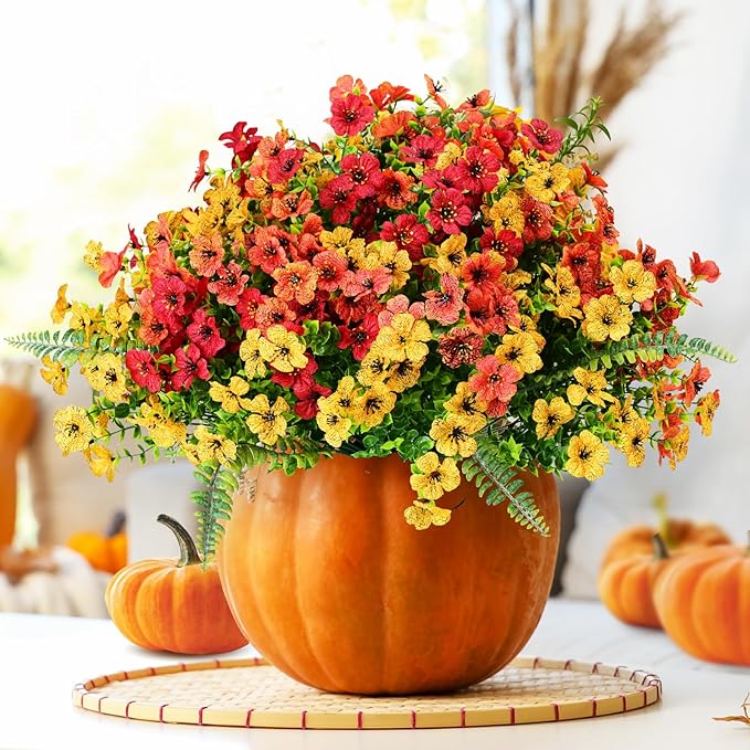 Artificial Fake Flowers Plants for Outdoor,18 Bundles Faux Plants Outside No Fade Plastic UV Resistant for Front Door Porch Patio Balcony Garden Yard Decorations