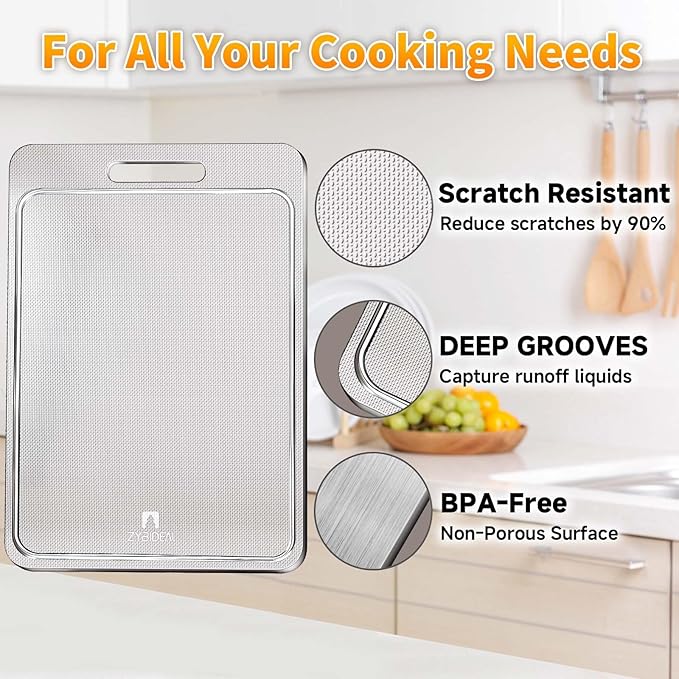 100% Pure Titanium Cutting Board with Groove, Scratch Resistant Chopping Board with Non-slip Pad for Kitchen, Titanium Cutting Boards for Vegetables and Meat, Dishwasher safe 12 * 18 IN