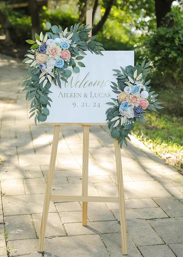 Artificial Blush Pink Wedding Arch Flower Swags Set of 2 for Wedding Welcome Signs and Ceremony Decorations, Blue Flowers
