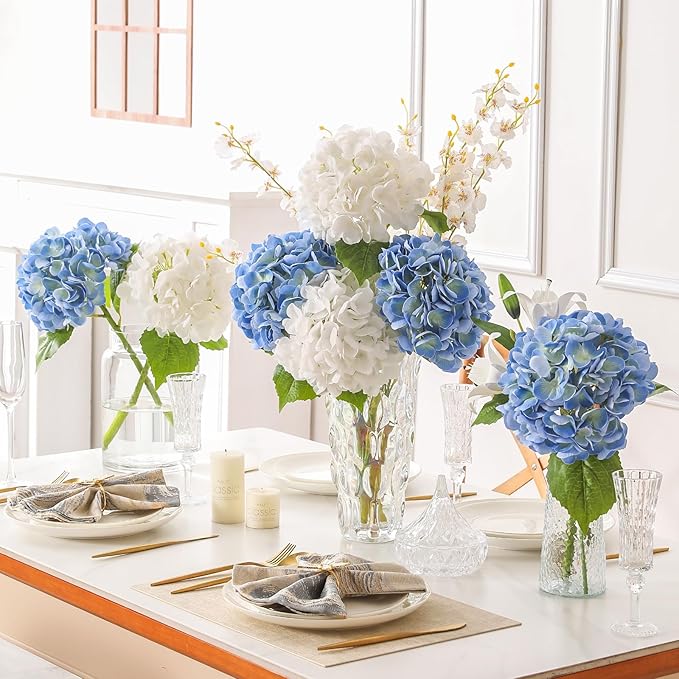 4Pcs Hydrangea Artificial Flowers, 22.44" Real Touch Latex Faux Hydrangea with Long Stems & Leaves for Home Office Decor or Wedding, Party, Centerpieces, Floral Arrangements (White&Blue)