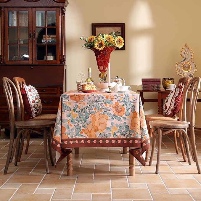 Vintage Linen Square Tablecloth,Italian Orange Floral Soft and Wrinkle Resistan Table Cloth,Decor Table Cover for Kitchen,Dining,Party,Thanksgiving,Christmas,67"*67"-Positano