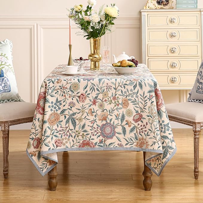 Designer Linen Square Tablecloth,Vintage William Morris Floral Table Cloth with Colorful Pattern,Decor Table Cover for Kitchen,Dining,Thanksgiving,Christmas,67"*67"-Flowershadow a