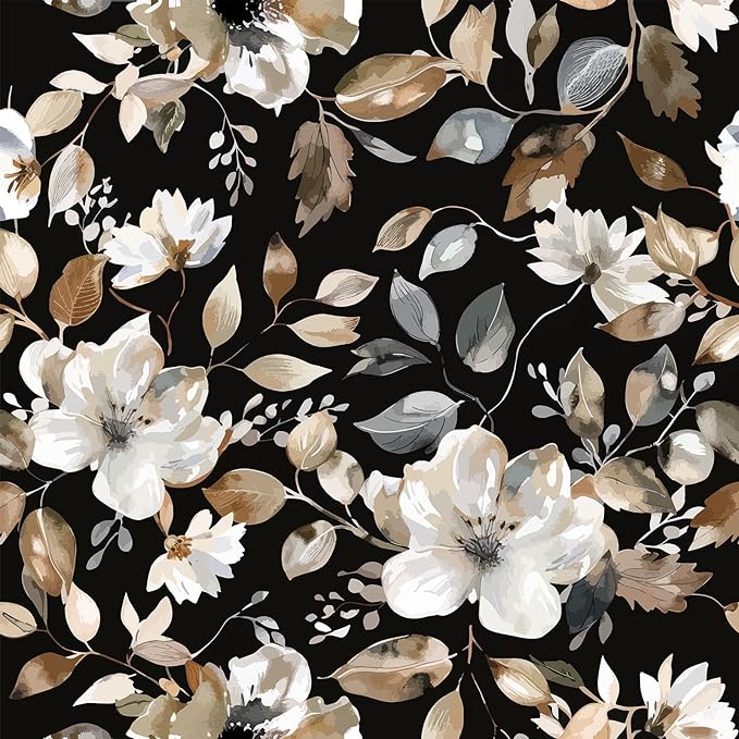 Vintage Dark Black Floral Peel and Stick Wallpaper Modern Botanical Flower Waterproof Removable Self Adhesive Vinyl Contact Wall Paper for Farmhouse Bathroom 17.7" X 124" Roll