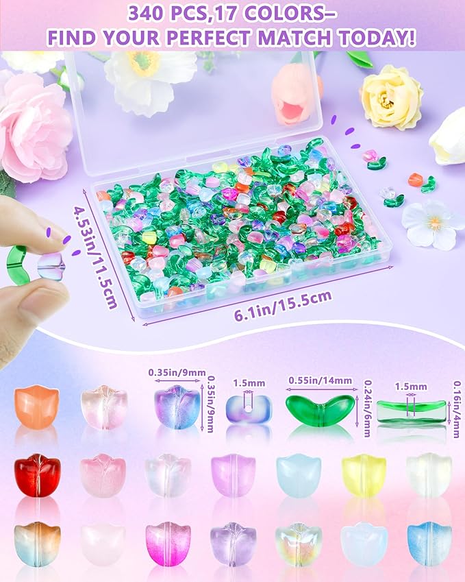 FIVEIZERO 340PCS Glass Tulip Flower Beads, 17 Colors Crystal Floral Bead Charms for Bracelets, Necklaces & DIY Jewelry Making Crafts