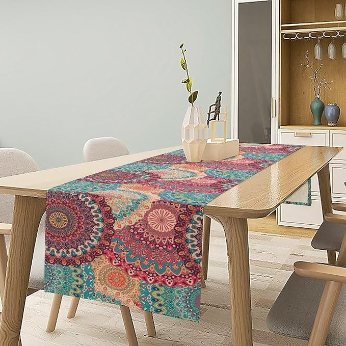 Bohemian Table Runner, Colorful Traditional Blue Pink Mandala Flower Table Runner for Kitchen Dining Cafe Party Decor, 13x108 Inch