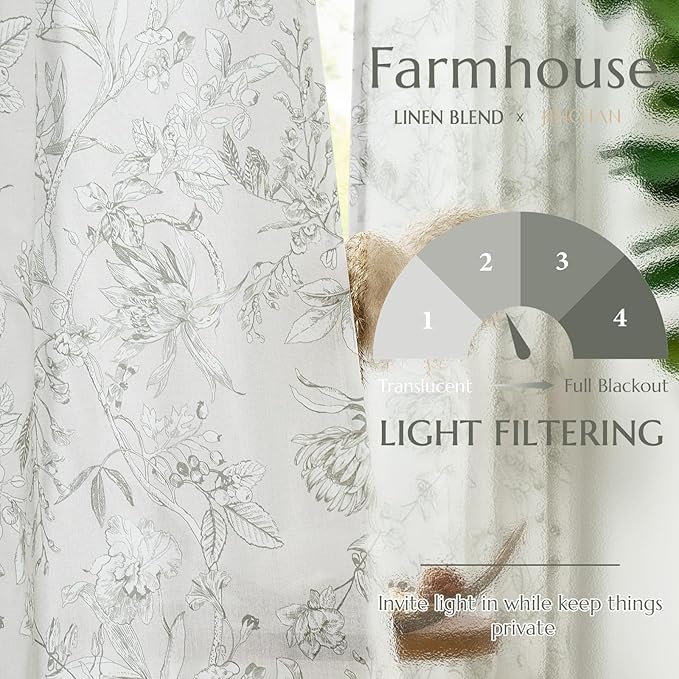 jinchan Floral Curtains 84 Inches Long Charcoal Grey Flower Linen Farmhouse Curtain for Living Room French Country Vintage Curtain Rod Pocket Curtains Set 2 Panels Gray Floral Printed