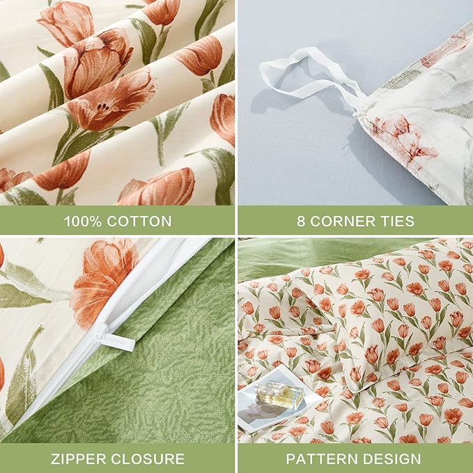 SAPHREAS Red Tulips Floral Duvet Cover Set Full Size 3pcs Green Leaves Soft Cozy Bedding Comforter Cover Set 100% Cotton 1 Duvet Cover 90"x80" 2 Pillow Shams, Comforter Not Included