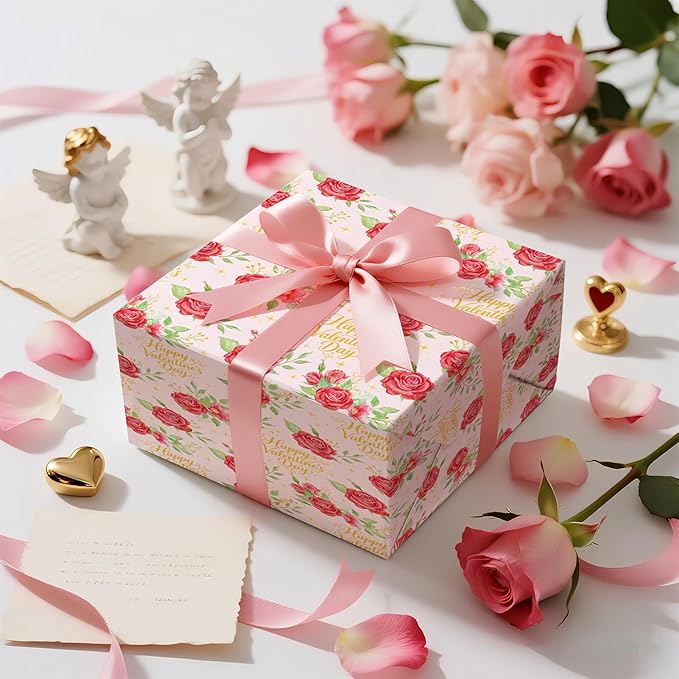 LeZakaa Valentines Wrapping Paper Roll, Pink with Red Rose & Gold “Happy Valentine’s Day” Lettering, Romantic Floral Gift Wrap for Wedding, Anniversary, Birthday, Party, Mini Roll 17in x 16.4 Ft