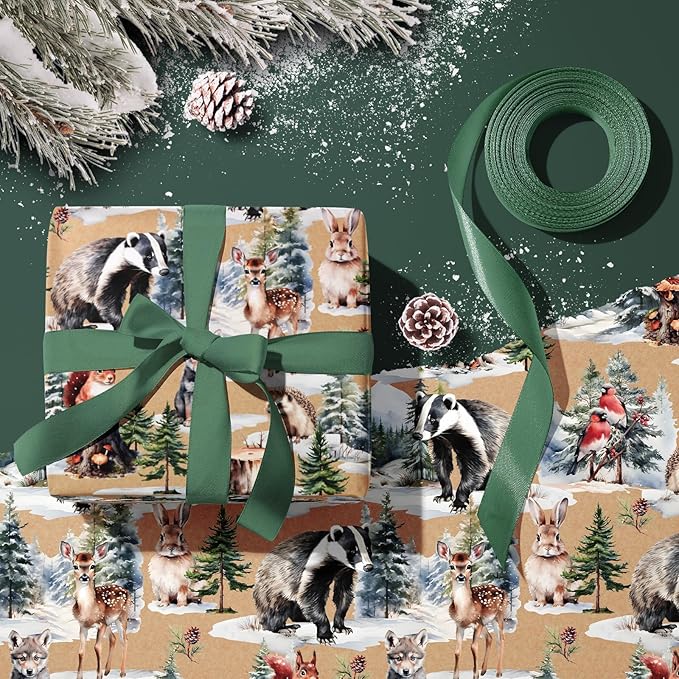 WRAPAHOLIC 30 Inch Kraft Christmas Wrapping Paper - 30 Inch x 33 Feet - Wild Animals Winterfall Watercolor Design for Christmas, Holiday, Party Celebration