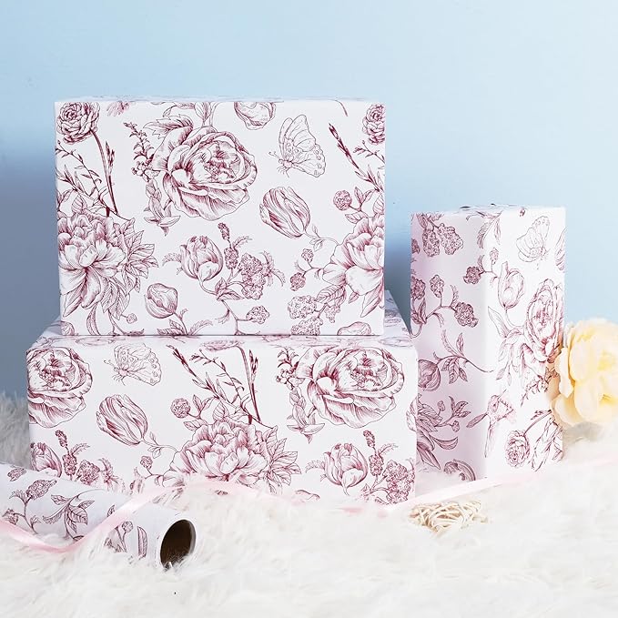 RayofSun Wine Red Floral Wrapping Paper Roll 17 in x 32 ft Mini Roll Vintage Toile Flower Gift Wrap Paper for All Occasion Wedding Birthday Bridal Shower Party Baby Shower Christmas