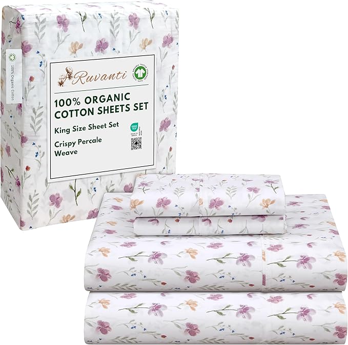 RUVANTI 100% Organic Cotton Sheets King Size, Percale Weave, GOTS Certified, 4-Piece Set, Deep Pocket 15", Crisp & Breathable, Soft Durable Bedding, Sábanas Algodón Orgánico – Obsessed Stems