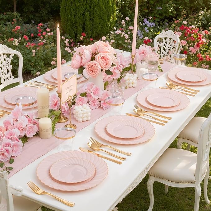 YOUBET 125Piece Pink Plastic Plates with Gold Rim – Scalloped Plastic Plates Set Includes 25 Dinner, 25 Dessert Plate, 75 Gold Silverware for 25Geusts for Wedding Birthday Parties & Baby Shower