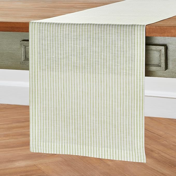 Solino Home Linen Striped Table Runner 144 Inches Long - Narrow Stripe 100% Pure Linen Sage and White Dining Table Runner 14 x 144 Inch for Spring, St Patricks Day, Easter