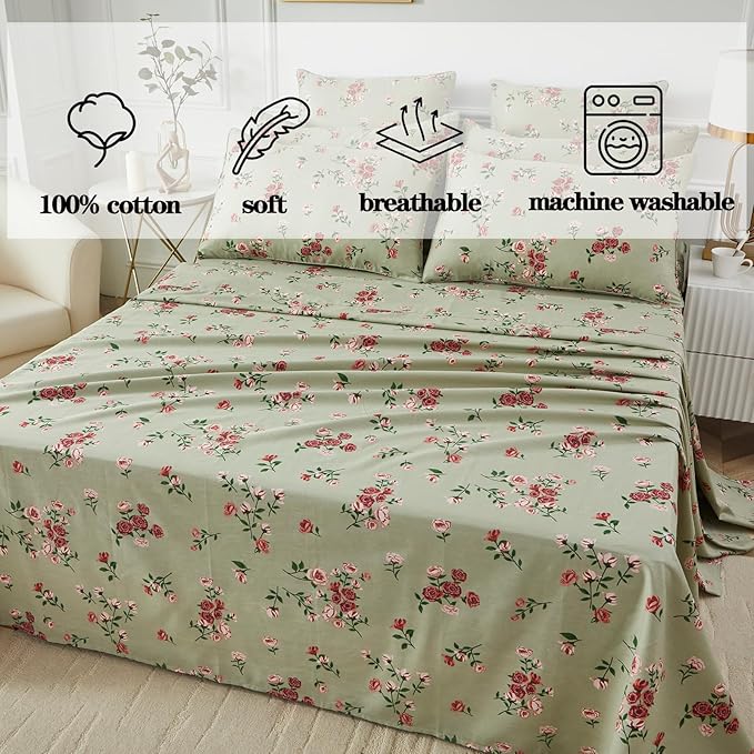 FADFAY Cal King Size Sheet Set 100% Cotton Sage Green Bed Sheets, French Country Red Rose Floral Pattern, Soft Cool Luxury Bedding, Shabby Vintage Style, 4 Pieces Deep Pocket Fitted Sheet