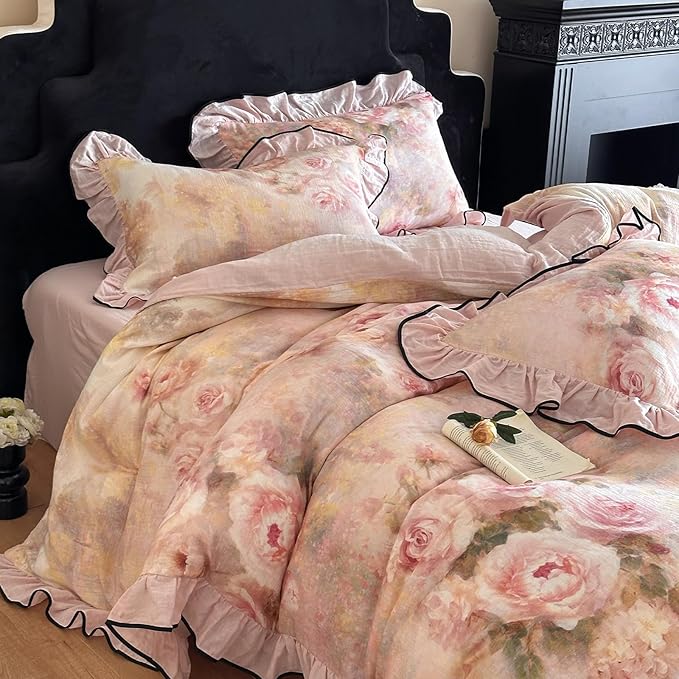 HighBuy Pink Floral Duvet Cover Twin XL Ruffle Lace Design,Premium Linen Cotton Yarn-Dyed Textured Coquette Rose Floral Comforter Cover Set for College,Farmhouse Bedding Set with 2 Pillowcases