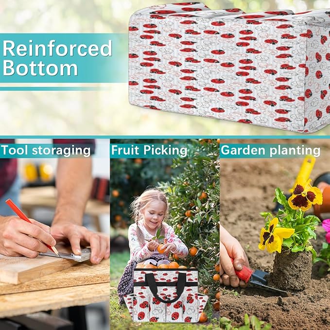 Ladybug Pattern Garden Tool Tote Bag for Women Men Gardening Tool Storage Bags with 10 Pockets Standable Garden Home Tool Kits Organizer for Indoor Outdoor Gardening Gifts