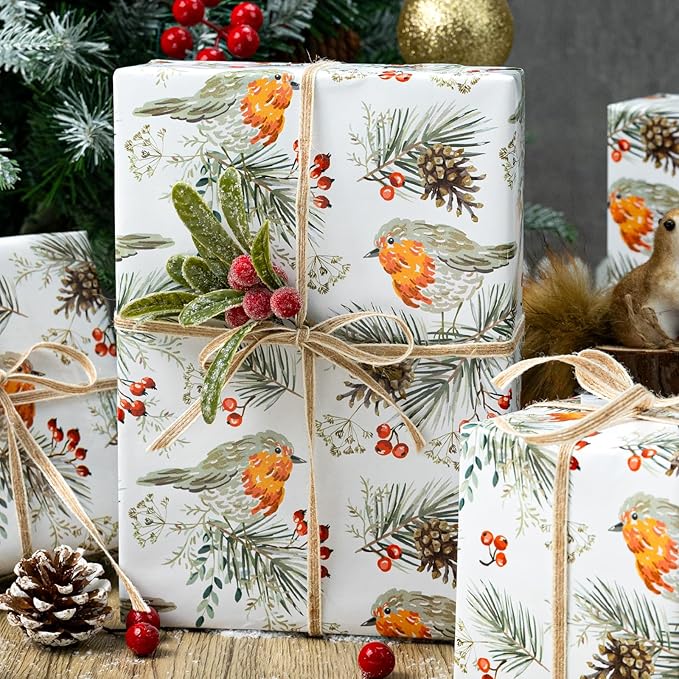 MAYPLUSS Christmas Wrapping Paper Roll - 17 In x 33 Feet - Cute Watercolor Bird Pinecone Gift Wrap Paper for New Year, Holiday, Kids