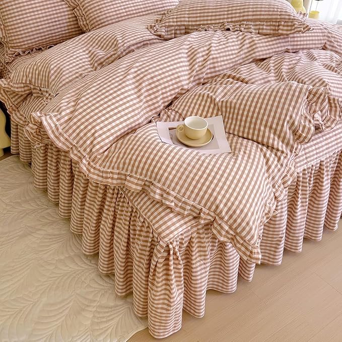 LifeTB Pink Gingham Comforter Set Twin XL Vintage Ruffle Pink Plaid Comforter Set Soft Fluffy 3 Pieces Grid Checkered Pattern Comforter with 2 Pillowcases Farmhouse Gingham Bedding Set Twin XL