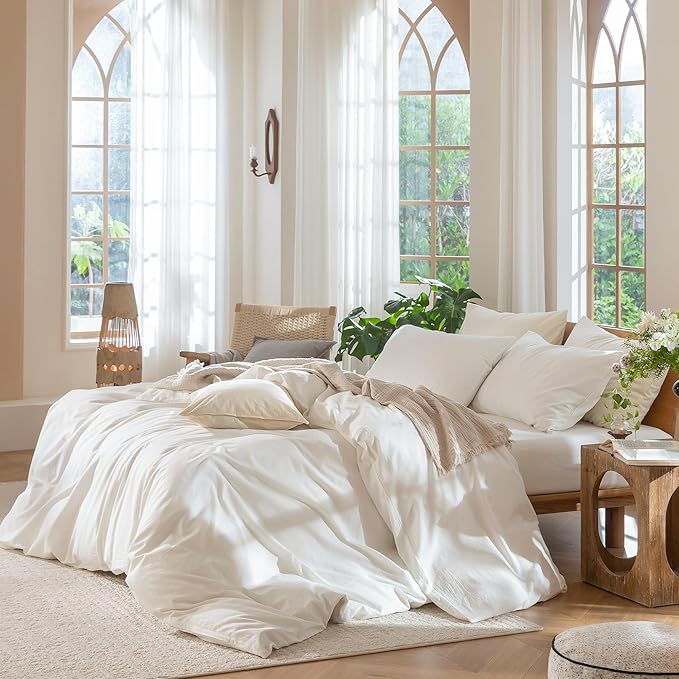 MooMee Bedding Duvet Cover Set 100% Washed Cotton Linen Like Textured Breathable Durable Soft Comfy (Solid Off White, Oversized King Plus 128"x120")