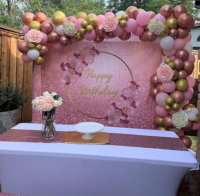 Pink Rose Gold Happy Birthday Backdrop Glitter Rose Gold Floral Balloon Bokeh Photography Background Girls Lady Sweet 16th 21th 30th Birthday Party Cake Table Photo Props 8x6FT