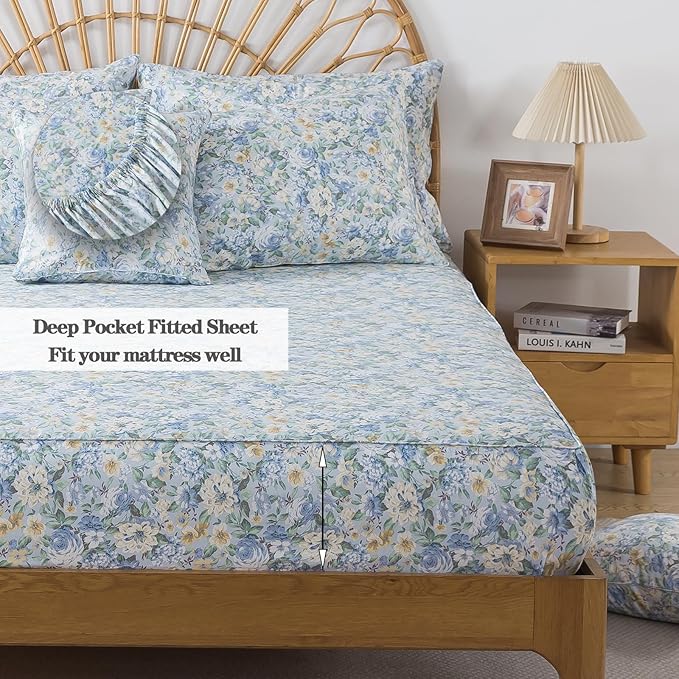 FADFAY 100% Cotton Twin XL Bed Sheet Set, 4 Piece Blue Yellow Rose Floral Bedding, Soft Breathable Cooling Sheets with Deep Pocket Fitted Sheet, Flat Sheet & 2 Pillowcases, All Season Cotton Sheets