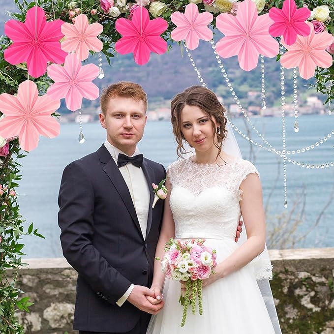9 Pcs Pink Paper Flower Party Decorations, Hot Pink Paper Fans Hanging Ornaments Pink Birthday Decorations for Classroom Floral Backdrop Wedding Baby Showers Wall Decor