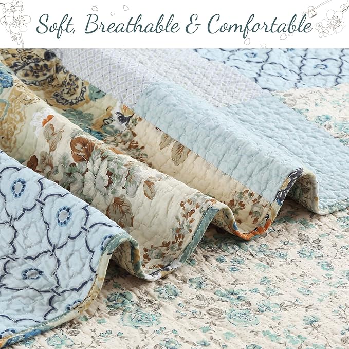 Cozy Line Home Fashions 100% Cotton Classic Patchwork Bedding Quilt Set, Blue Gray Teal Taupe Bohemian Style Reversible Bedspread Coverlet (Carolina Bloom, Queen - 3 Piece)