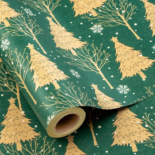 MAYPLUSS Green Kraft Christmas Wrapping Paper - 17Inch X 33Feet - Recyclable Festival Holiday Winter Woodland Matte Green Christmas Tree Kraft Gift Wrap Paper for Holiday, Party Decor, Celebration