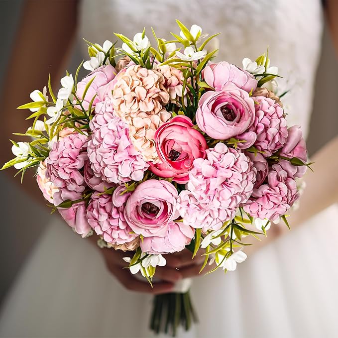 Zerzsy Pink Peonies Artificial Flowers, 10pcs Burgundy Faux Peonies, Silk Flower FakePeonies Artificial Flowers Bouquet for Centerpiece Table Wedding Home Decor