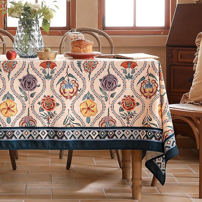 Vintage French Rectangular Tablecloth,Linen Extra Long Tablecloth with Rose and Cornflower Pattern,Decor Table Cover for Kitchen,Dining,Thanksgiving,Tea Party,63" × 110"-Lanae
