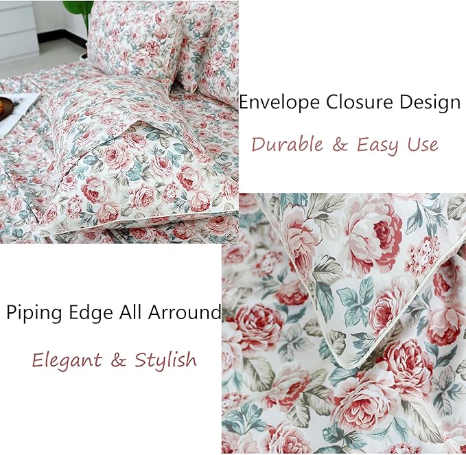 FADFAY Rose Floral Sheets Set Twin XL Vintage Red Floral Bedding Shabby Rose Sheets French Country Farmhouse Bedding 800 Thread Count 100% Egyptian Cotton Deep Pocket Fitted Sheet 4Pcs, Twin XL Size