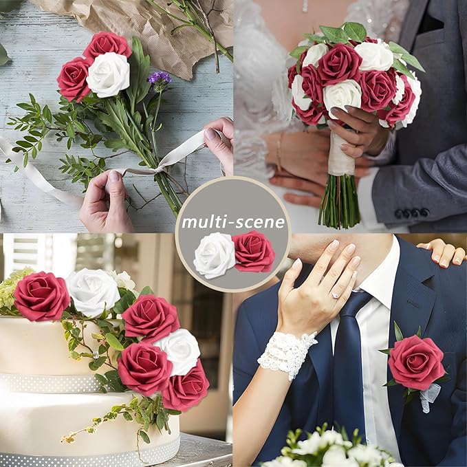 200PCS Burgundy & White Artificial Flowers Roses Real Looking Foam Fake Roses with Leaves for DIY Wedding Bouquets Bridal Shower Party Decorations (Wine red & White, 200)