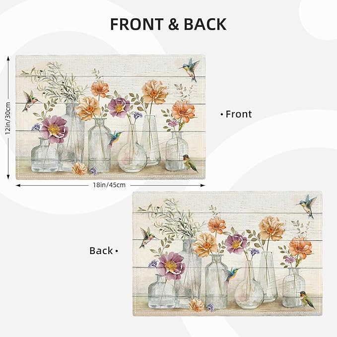 Floral Placemats Set of 4 Flower Hummingbird Table Mats Washable Place Mats for Home Party Indoor Kitchen Dining Table Decoration 12x18 Inch