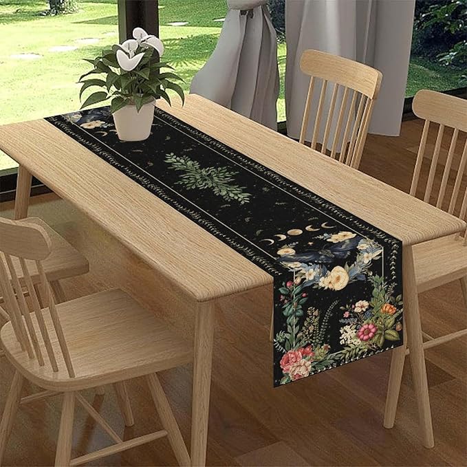 Gothic Moth Table Runner, Boho Vintage Floral Gothic Sun Moon Phase Mystical Witchy Farmhouse Coffee Table Center Decor for Home Kitchen Dining Patio Holiday Party Table Decorations 13x108 inches