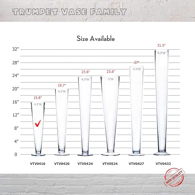 WGV Trumpet Glass Vase Bulk, Open 4", Height 16", (Multiple Sizes Choices) Clear Tall Pilsner Floral Planter Container Centerpiece, Wedding Event Home Decor, 6 Pieces (VTV0416)